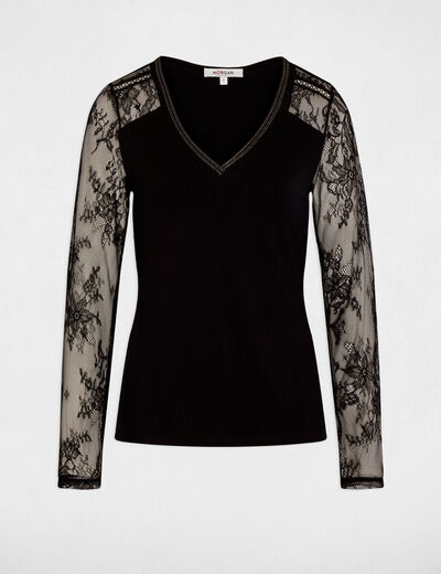 T-shirt dentelle col v noir femme