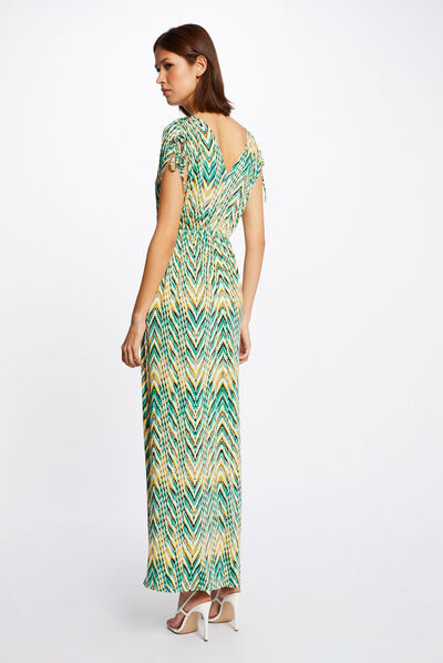 Robe longue droite imprimé chevron vert femme