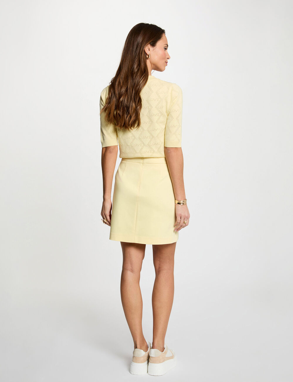 Jupe courte &agrave; boutons jaune clair femme