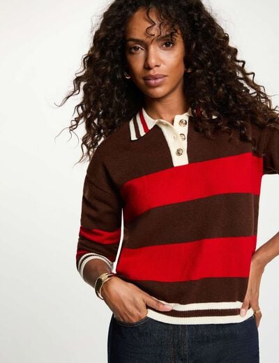 Pull col &agrave; revers marron fonc&eacute; femme