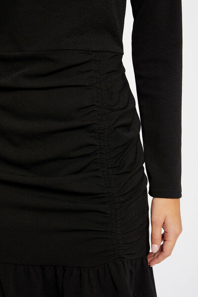 Robe ajustée à volants et col montant noir femme