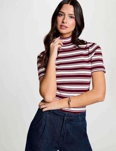 Pull col roul&eacute; ray&eacute; bordeaux femme