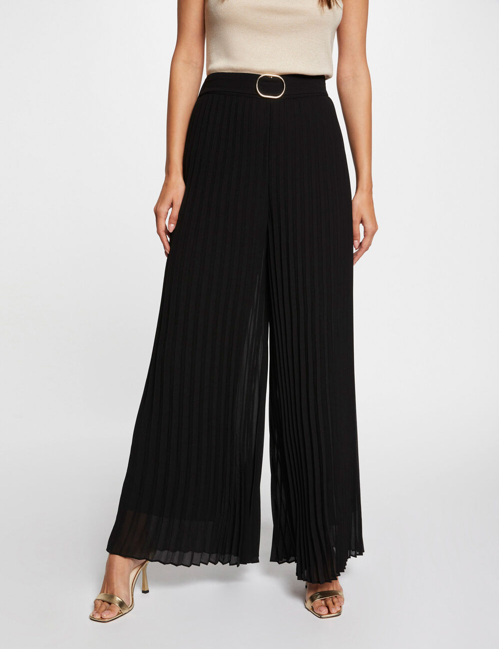 Pantalon large fluide plissé noir femme