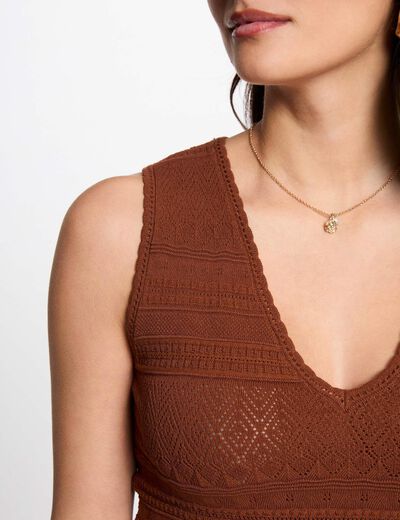 Top maille col en V marron cognac femme