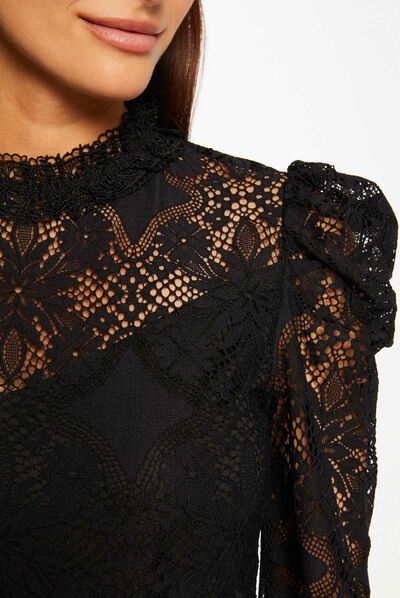 T-shirt manches longues en dentelle noir femme