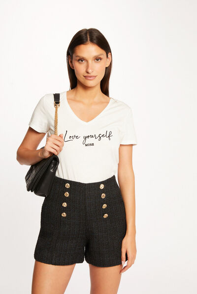 T-shirt manches courtes à inscription ecru femme