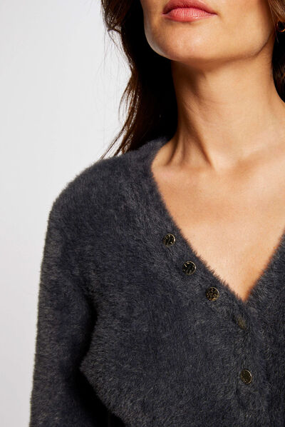 Pull manches longues à col en V gris anthracite femme