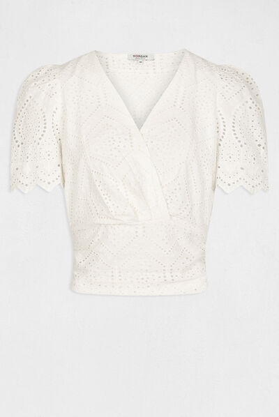 Blouse manches courtes brodée ecru femme