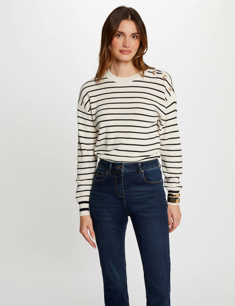 Pull manches longues &agrave; rayures ivoire femme