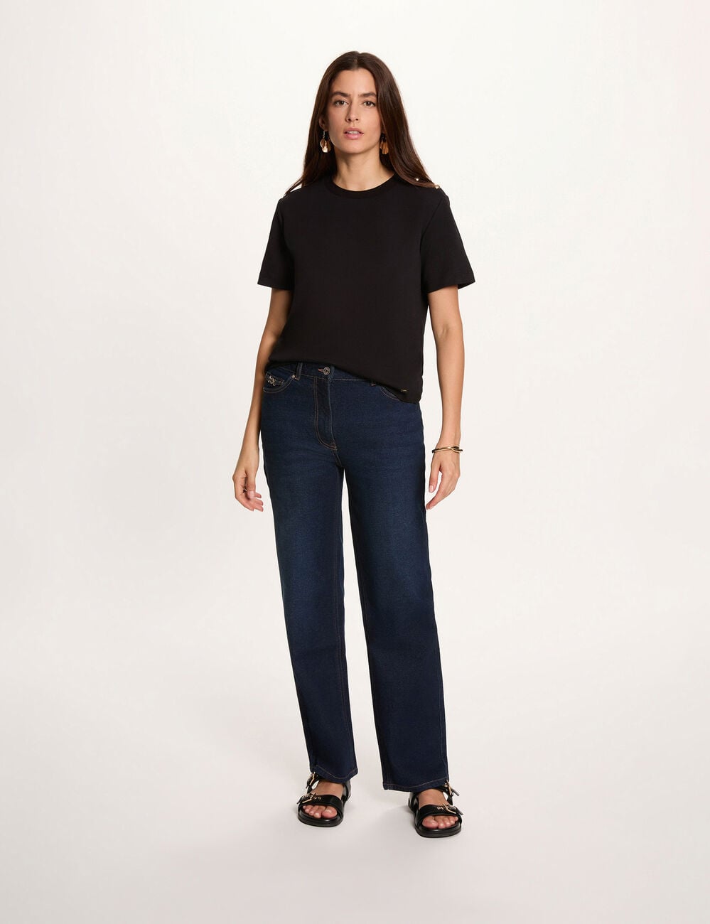 T-shirt col rond boutons noir femme