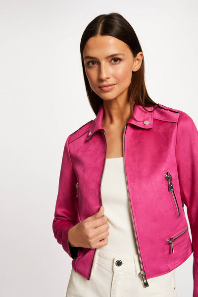 Blouson droit aspect suédine framboise femme