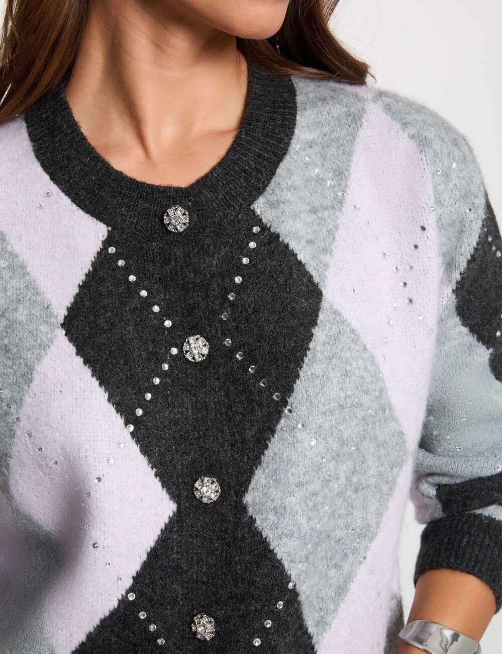 Gilet jacquard col rond gris moyen femme