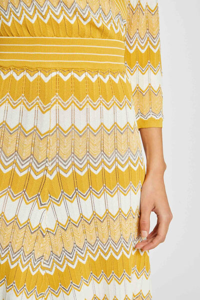 Jupe midi droite tricotée à rayures jaune femme