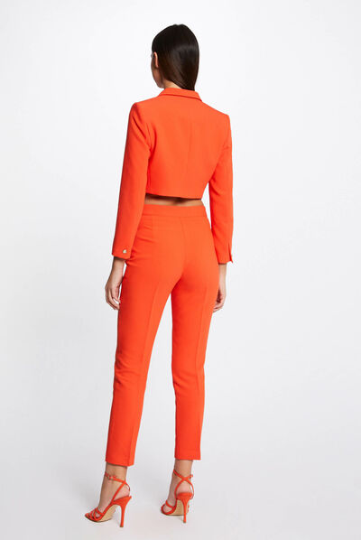 Veste courte droite col cranté à revers orange femme