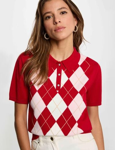 Pull col &agrave; revers rouge femme