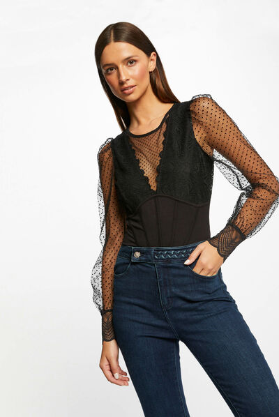 Body manches longues en plumetis noir femme