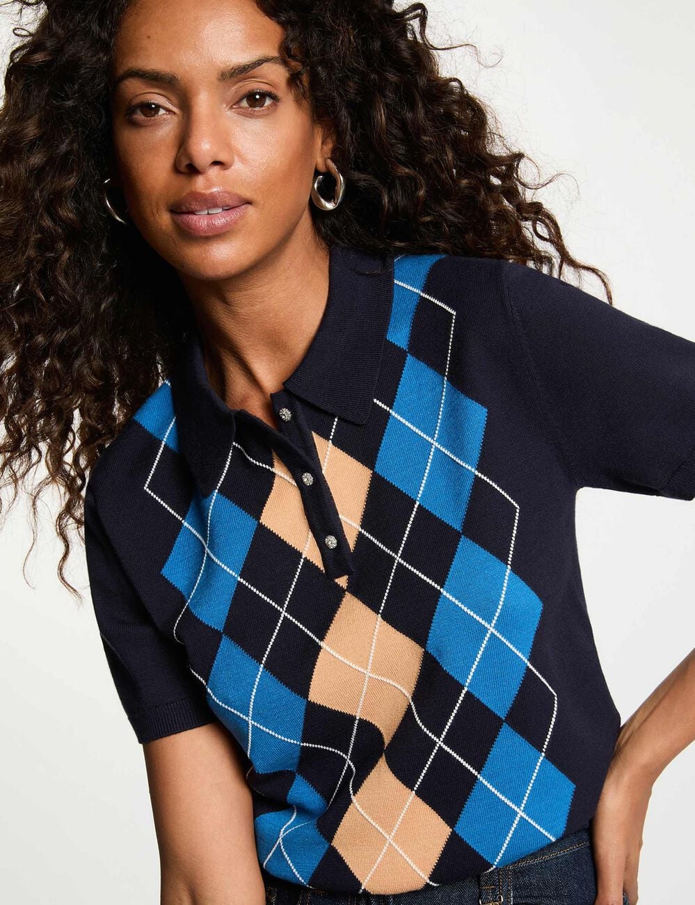 Pull col &agrave; revers bleu marine femme