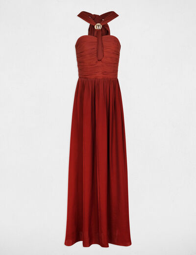 Robe longue col nou&eacute; marron cognac femme