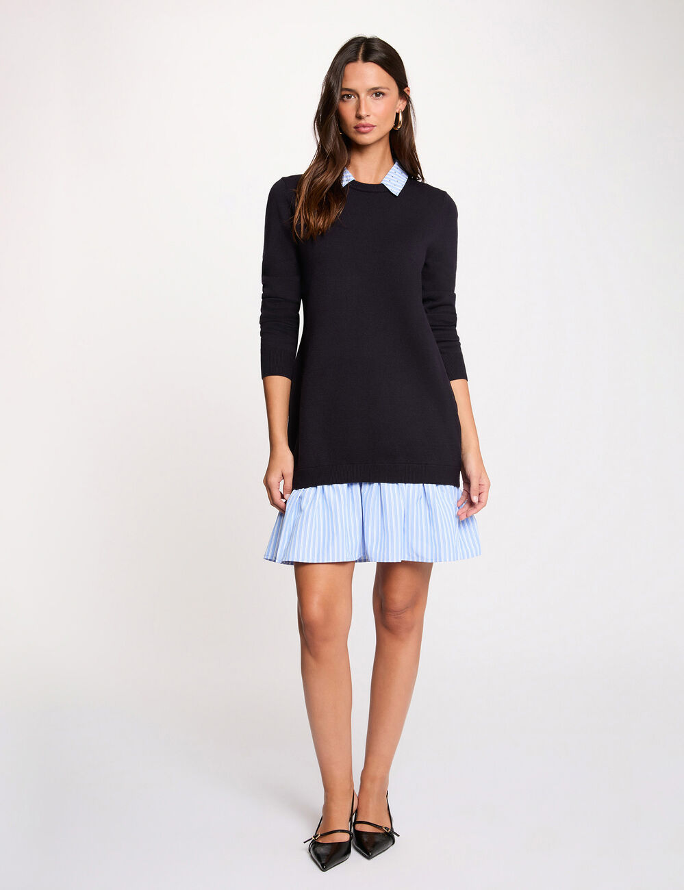 Robe tricot col &agrave; revers bleu marine femme