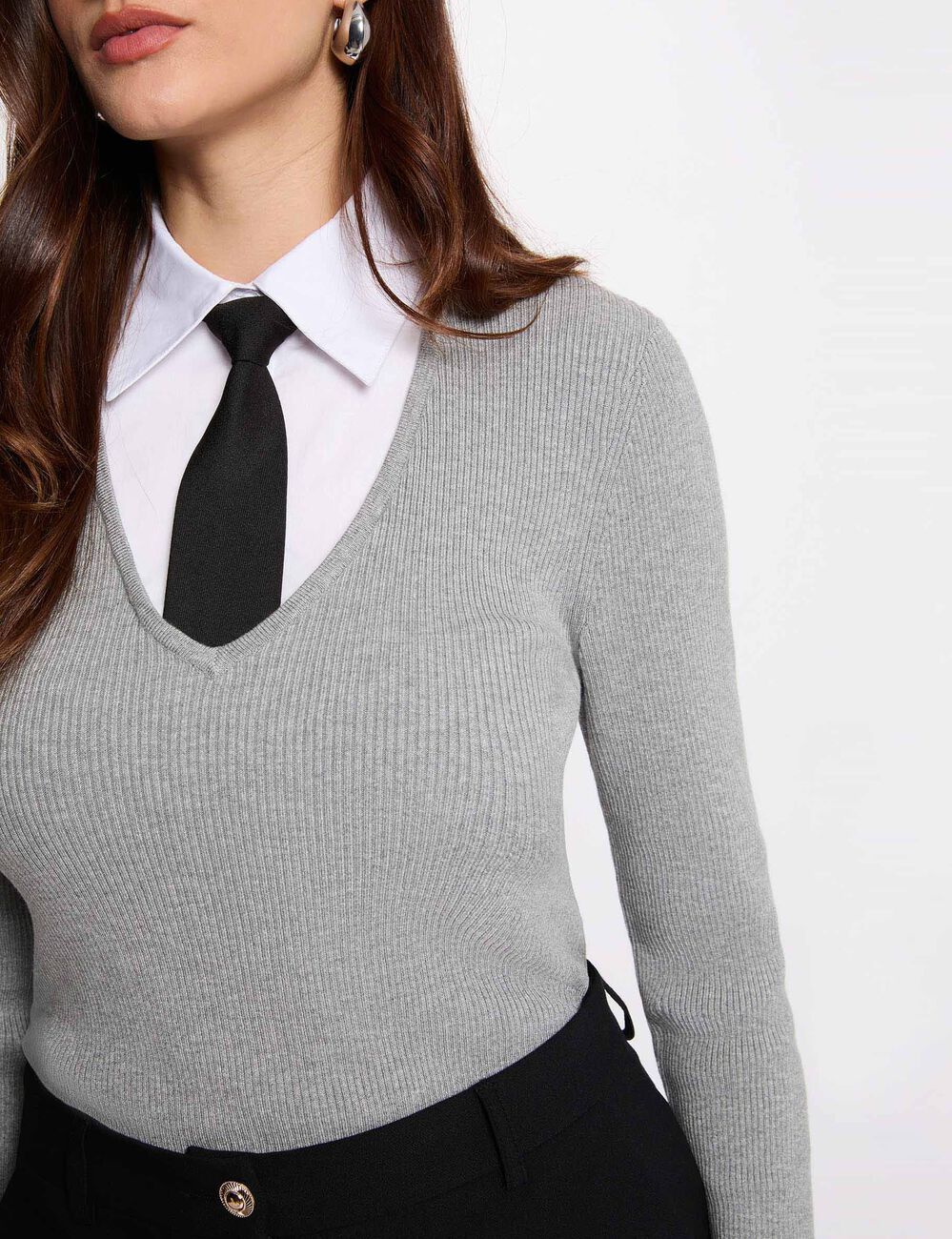 Pull 2-en-1 col &agrave; revers gris clair femme