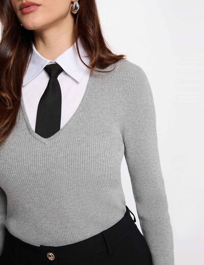Pull 2-en-1 col &agrave; revers gris clair femme