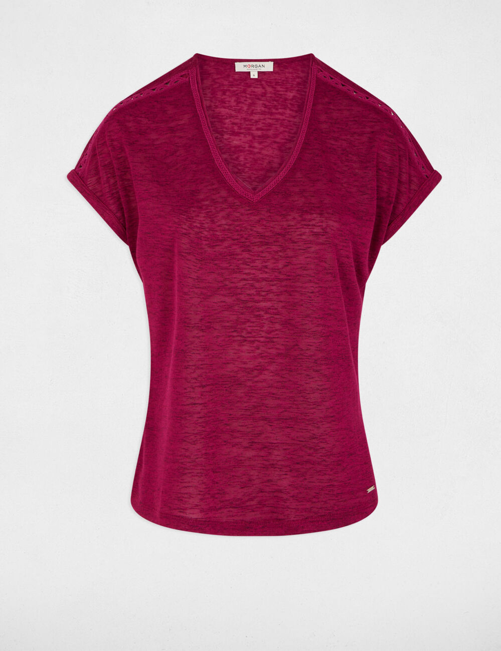 T-shirt col v manches courtes prune femme