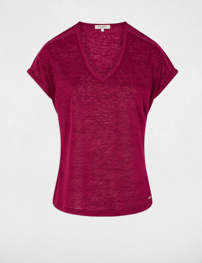T-shirt col v manches courtes prune femme