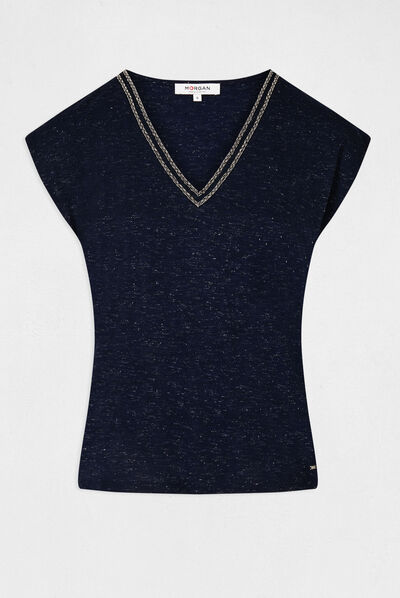 T-shirt manches courtes à col en V marine femme