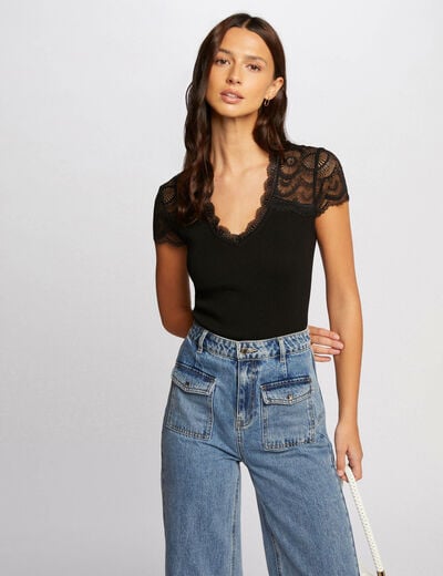 Pull manches courtes dentelle noir femme
