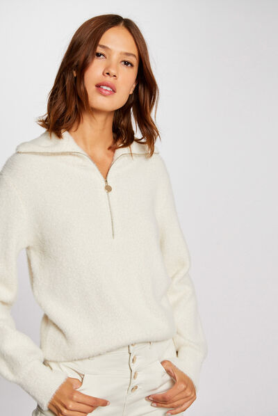 Pull manches longues à col zippé ivoire femme