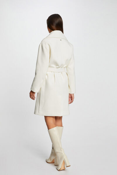 Manteau long droit ceinturé ecru femme