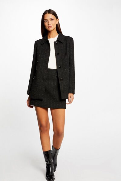Veste longue droite détails vinyle noir femme
