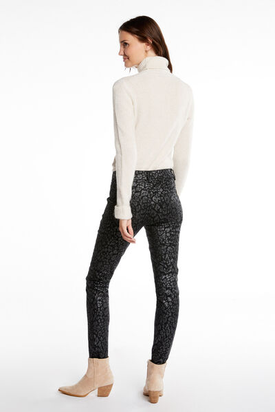 Pantalon skinny enduit imprimé léopard noir femme