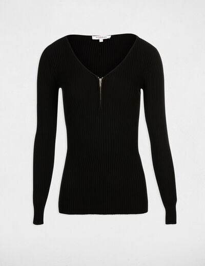 Pull manches longues tricotage en c&ocirc;te noir femme