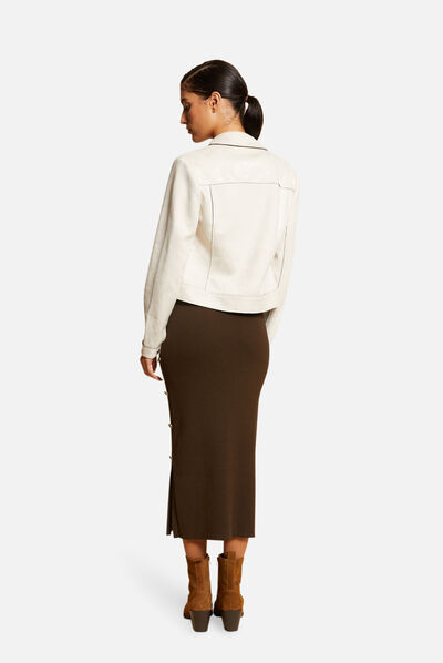 Blouson droit boutonné suédine ecru moyen femme
