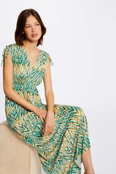 Robe longue droite imprimé chevron vert femme