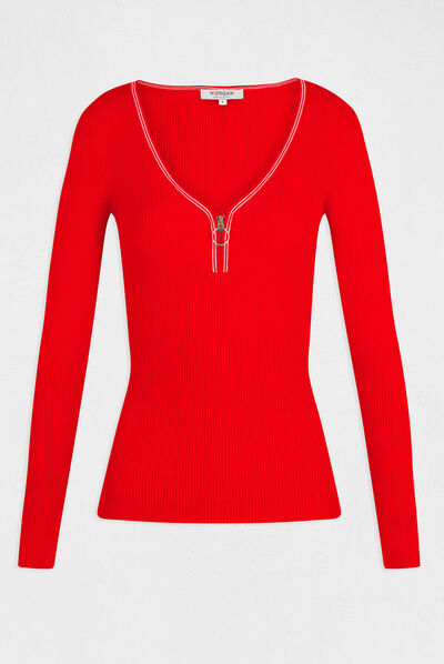 Pull manches longues à col en V rouge femme