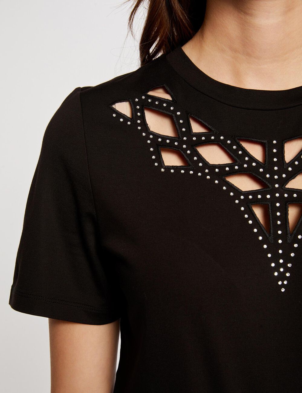 T-shirt manches courtes strass noir femme
