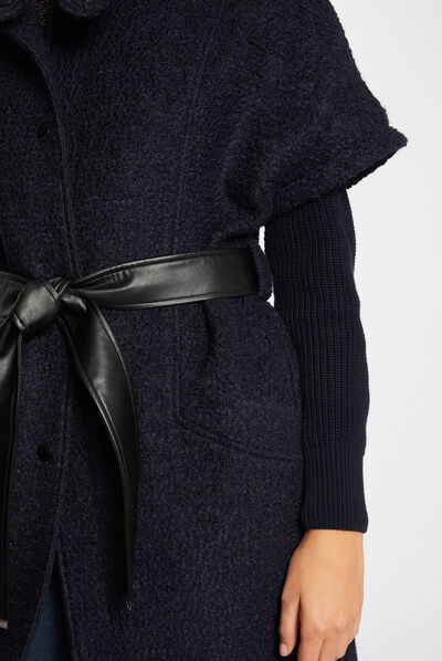 Manteau droit manches courtes ceinturé marine femme