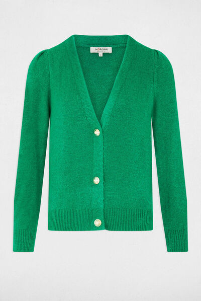 Gilet manches longues col en V vert moyen femme