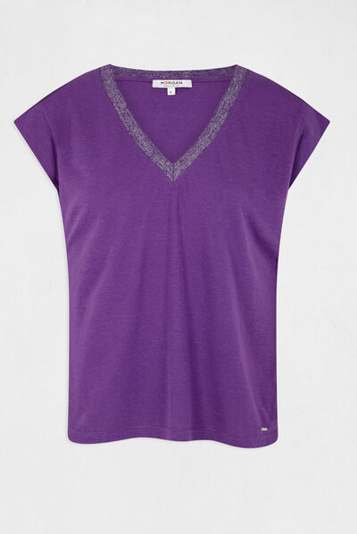T-shirt manches courtes à col en V violet fonce femme