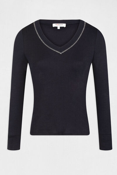 T-shirt manches longues avec col en V marine femme