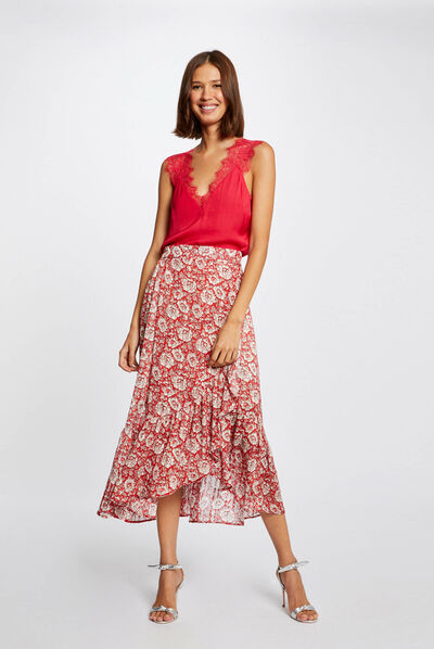 Jupe midi évasée imprimé floral rouge femme