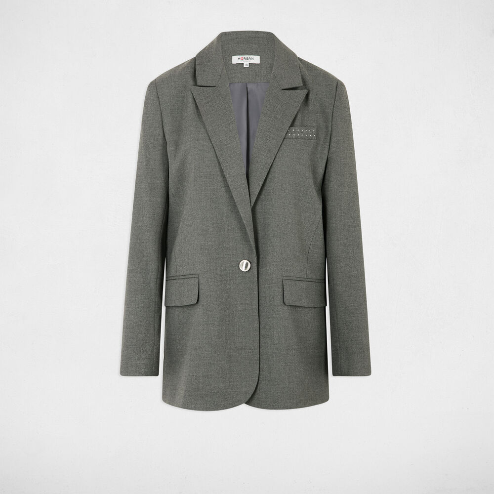 Veste longue détails cloutés gris clair femme