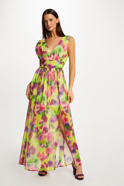 Robe longue cintrée imprimé abstrait multico femme