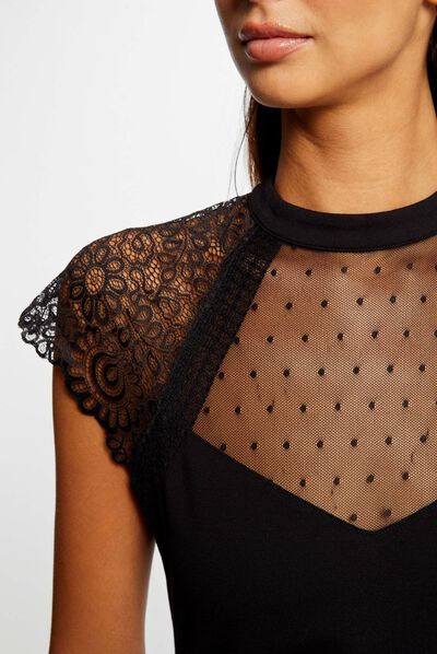 T-shirt manches courtes à dentelle noir femme