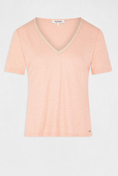T-shirt manches courtes col en V rose moyen femme