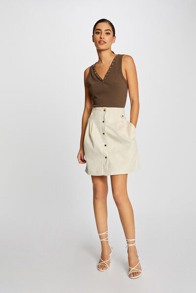 Jupe droite taille haute suédine ivoire femme