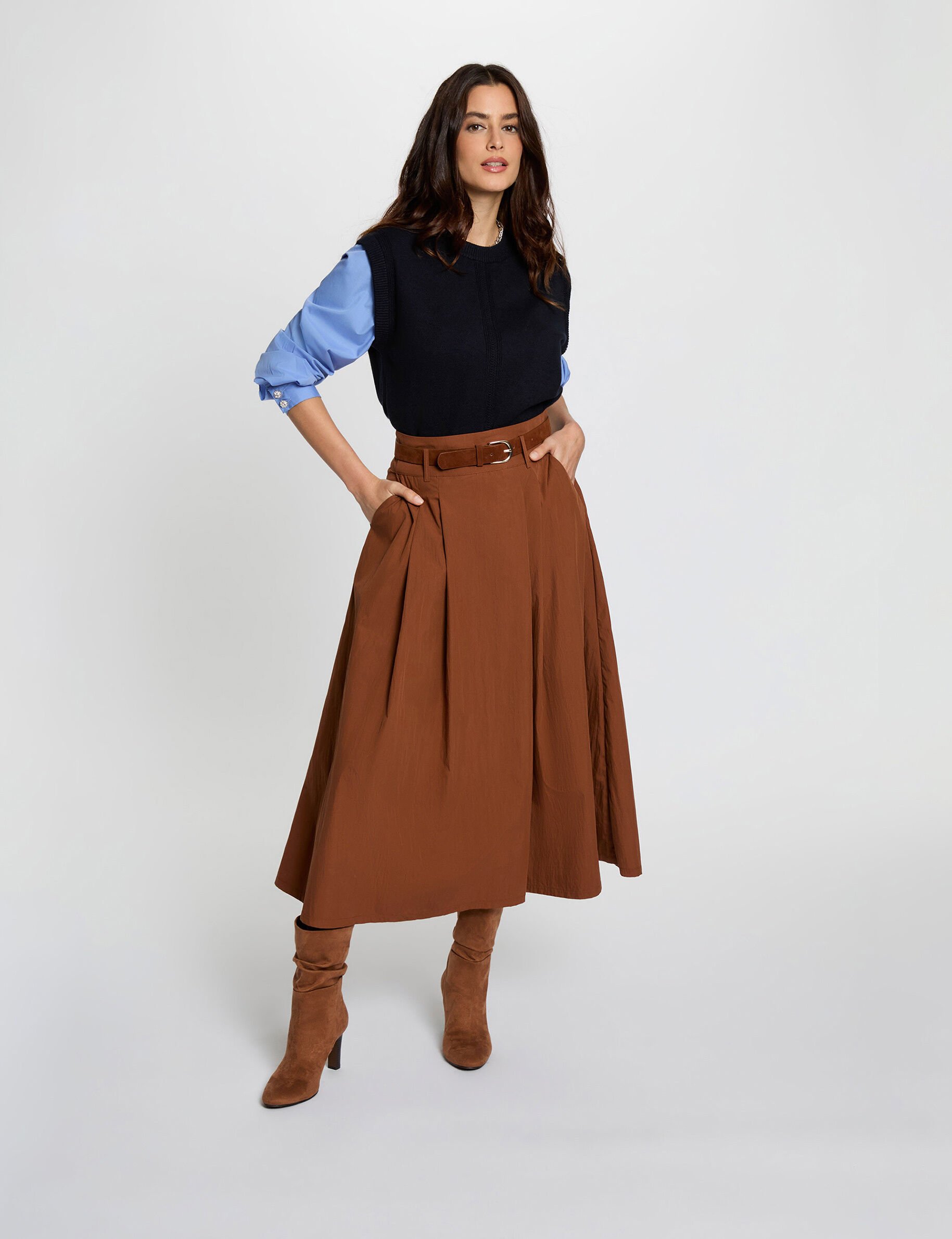 Jupe longue plissée cognac femme