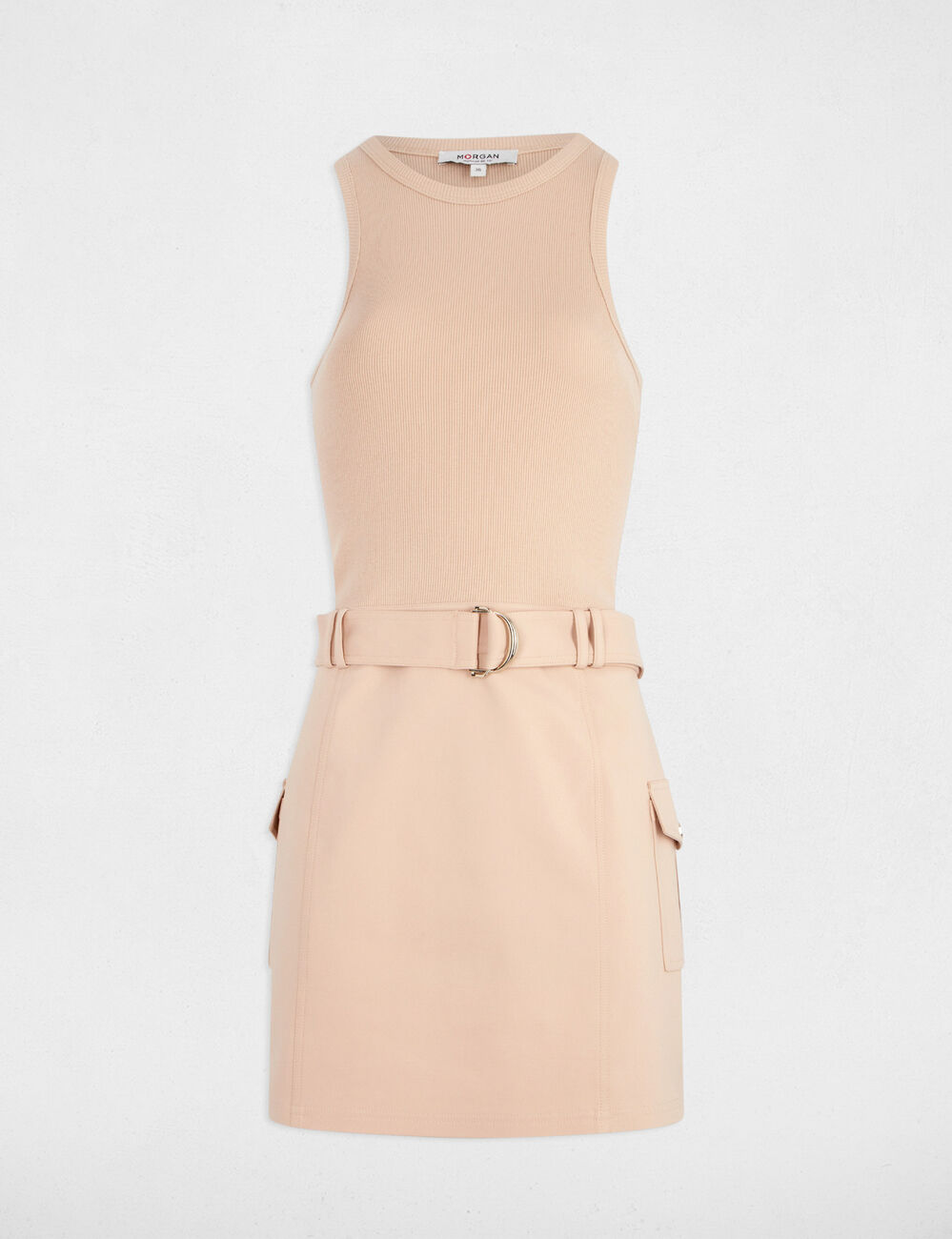 Robe courte ajustée ceinturée beige femme